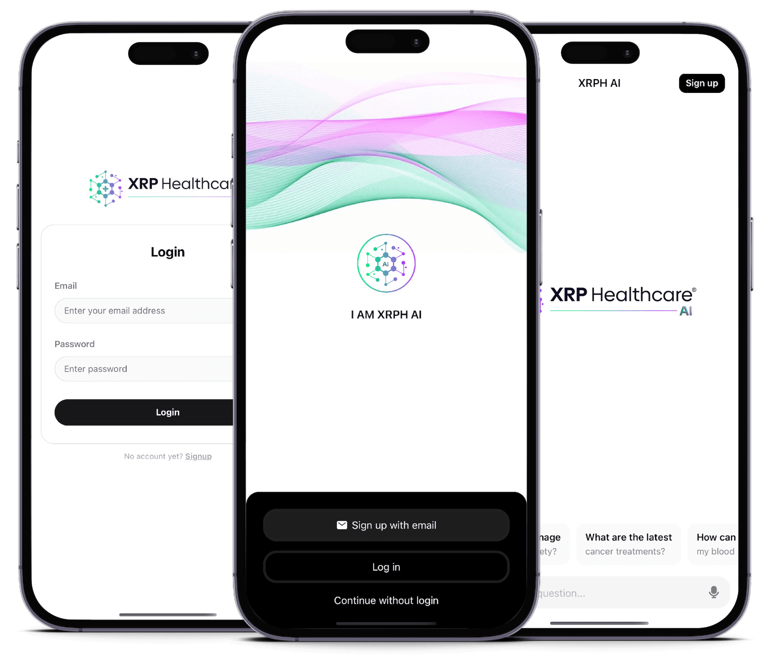 xrph ai app three screen mobile healthcare platform interface