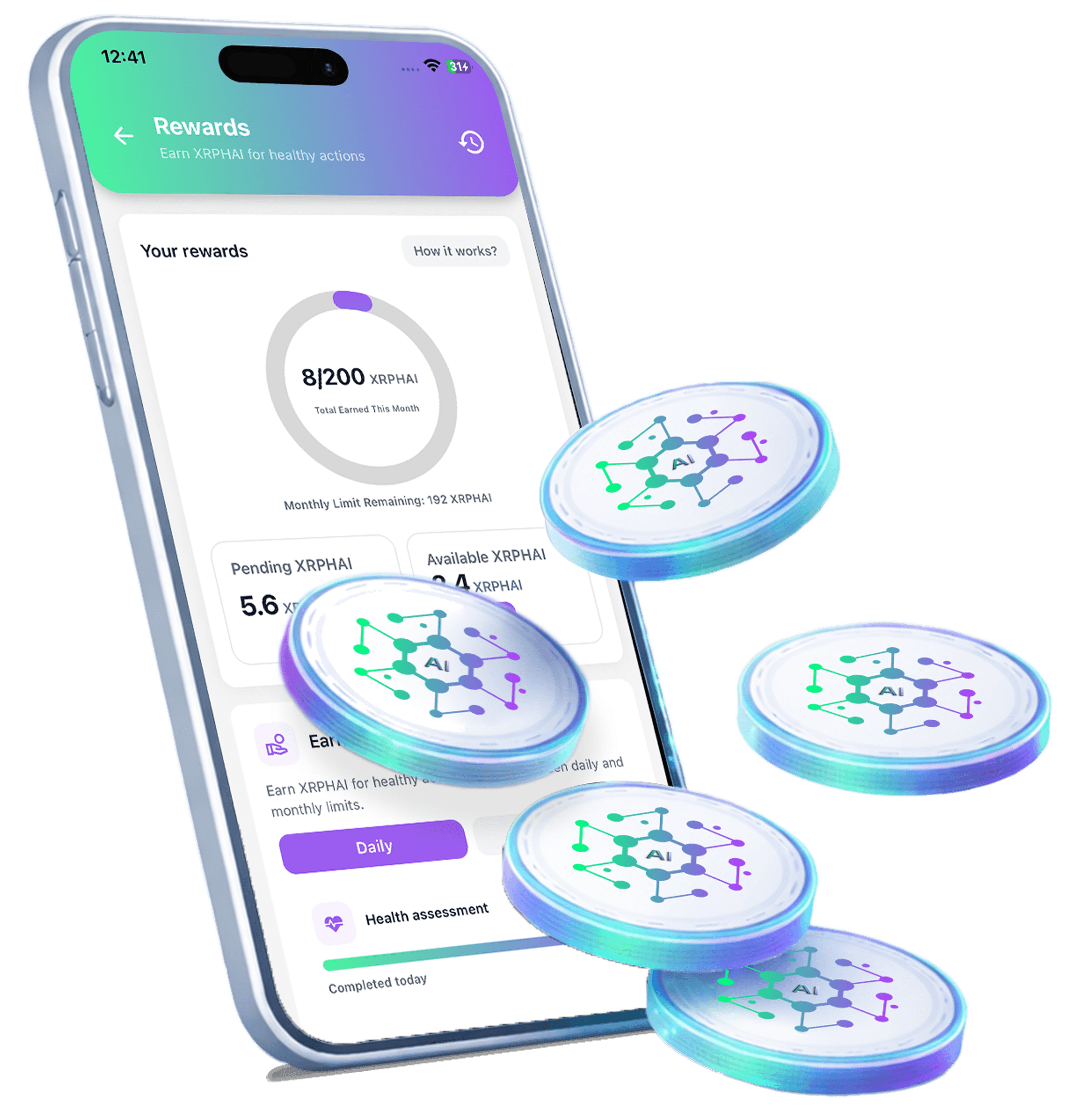 xrph ai app rewards and healthcare platform mobile interface